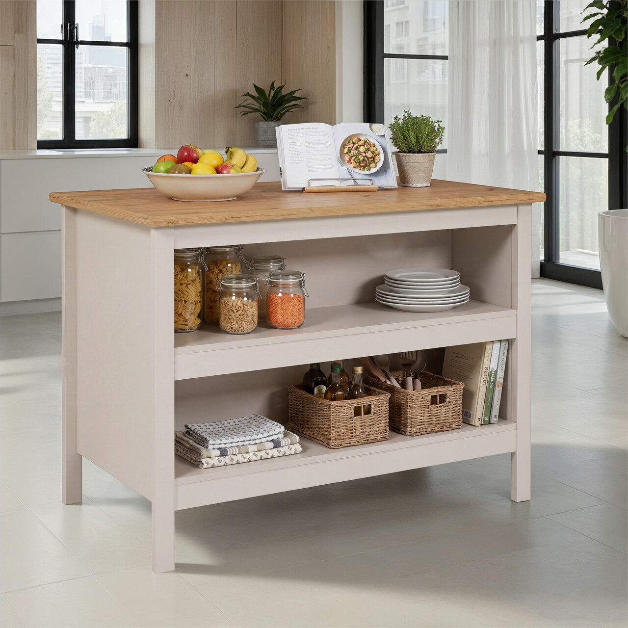 Insula de bucatarie / dulap bucatarie Emmilia, Inter Link, 124x75x91.5 cm, MDF, alb/stejar - imagine 6